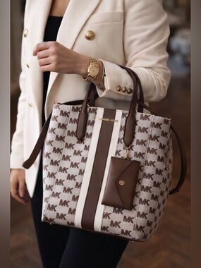 Michael Kors Brown & Cream MK Signature Vertical Stripe Tote